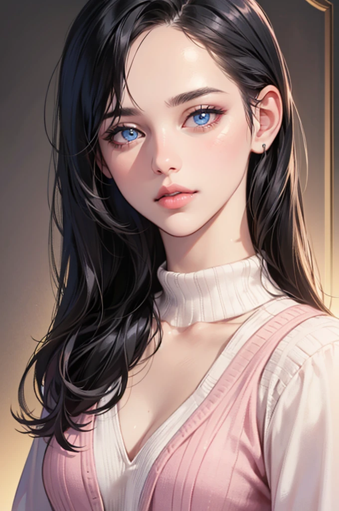 a girl with long straight gray black hair,beautiful detailed  blue eyes,beautiful detailed lips,extremely detailed face and features,pale white skin,pink lips,wearing a pink sweater,photorealistic,masterpiece,extremely detailed,intricate detail,ultra-realistic,sharp focus,best quality,highly detailed,cinematic lighting,warm color palette,natural lighting