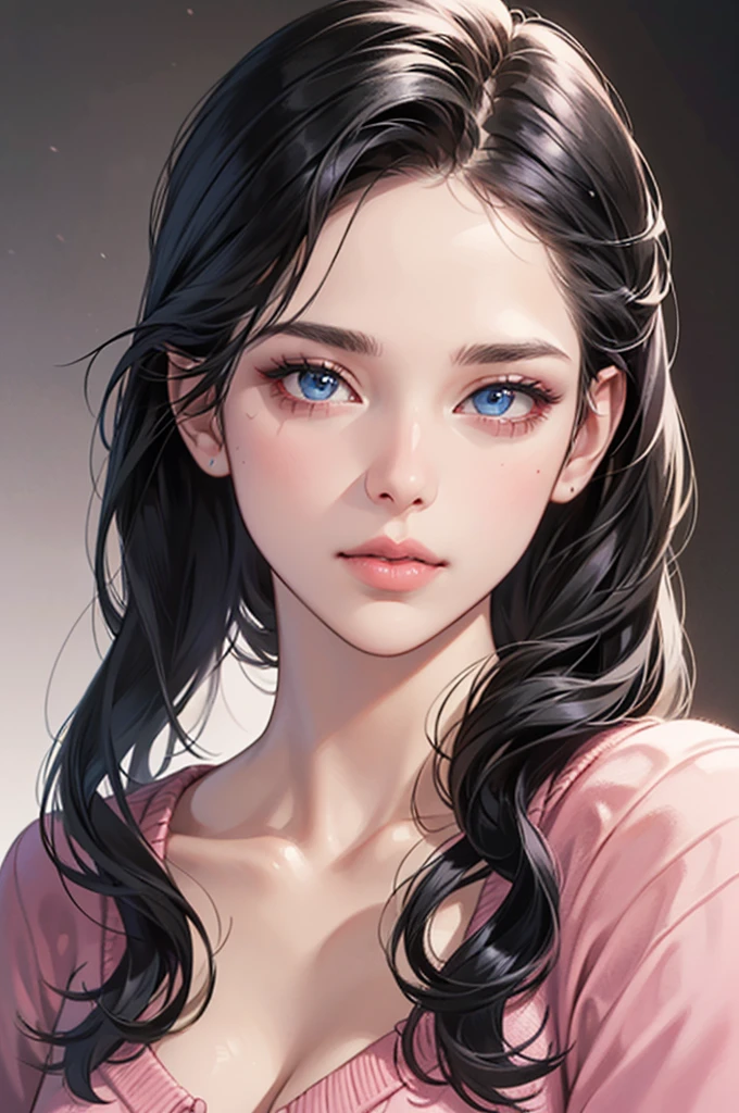 a girl with long straight gray black hair,beautiful detailed blue eyes,beautiful detailed lips,extremely detailed face and features,pale white skin,pink lips,wearing a pink sweater,photorealistic,masterpiece,extremely detailed,intricate detail,ultra-realistic,sharp focus,best quality,highly detailed,cinematic lighting,warm color palette,natural lighting