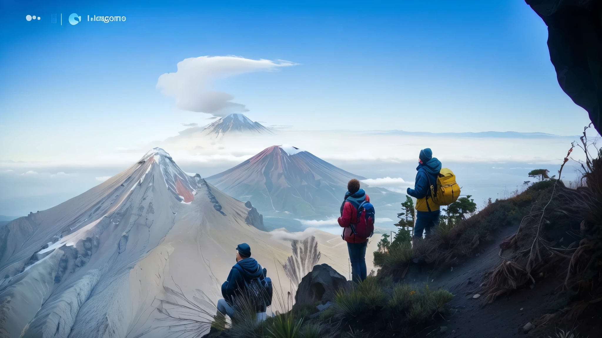 people standing on a mountain with a vista of a volcano, instagram post, standing near the volcano, beautiful vistas, looking at the mountains, at a volcano, Photo from Instagram, in volcano, humongous vista, try it, vista, in a volcano, andes, volcanoes in the background, beautiful vista, Very detailed, andes mountain forest