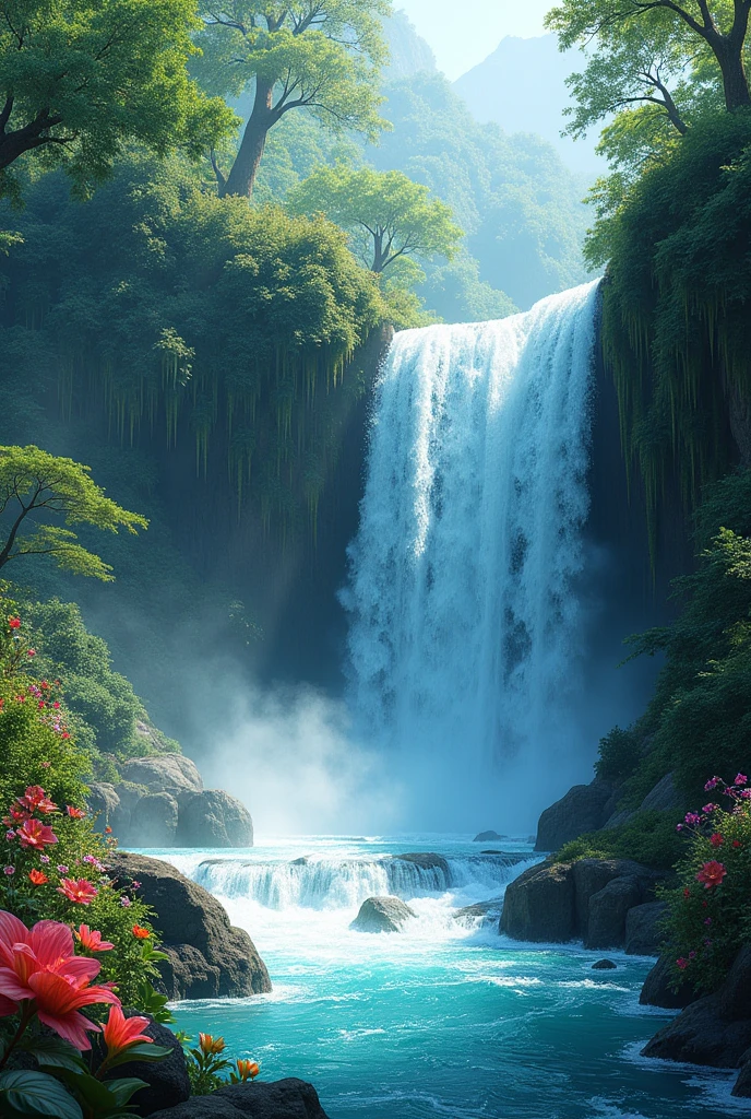 A stunning, cascading waterfall surrounded by lush greenery and maybe some exotic flowers.