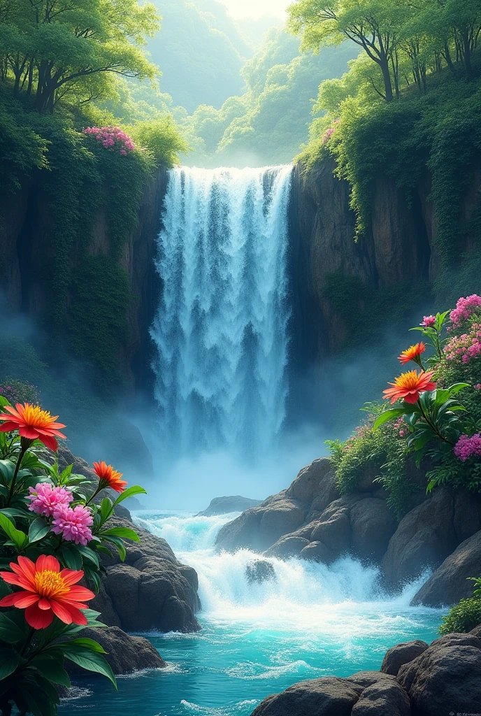 A stunning, cascading waterfall surrounded by lush greenery and maybe some exotic flowers.