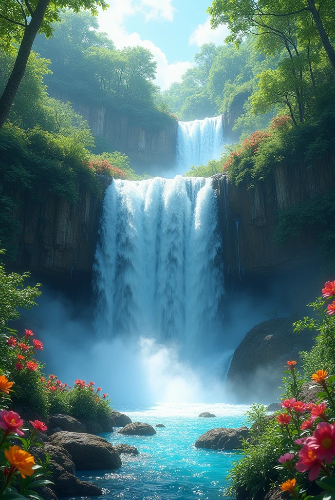 A stunning, cascading waterfall surrounded by lush greenery and maybe some exotic flowers.