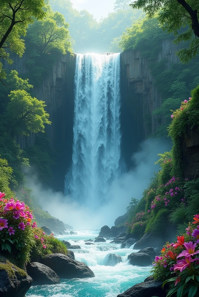 A stunning, cascading waterfall surrounded by lush greenery and maybe some exotic flowers.