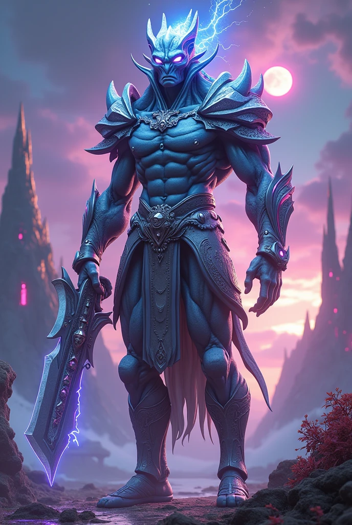 Create an image of an alien warrior from a distant planets y de diferentes razas y de diferentes tipos de piel y de diferentes colores el estilo es muy real en 3d, standing tall and imposing against the backdrop of a foreign, otherworldly landscape. The warrior's physique is powerful and distinctly non-human, with skin that shimmers in shades of deep blue and iridescent silver, covered in natural armor-like scales that offer both protection and a regal appearance. His eyes are large, glowing with an intense, otherworldly light, and his facial features are sharp and angular, hinting at a species bred for battle.
He wears intricately designed armor made of unknown alien metals and materials, with segments that pulse with bioluminescent energy, forming patterns and symbols unique to his culture. In one hand, he holds a massive, double-edged weapon that appears both ancient and technologically advanced, with energy coursing through its blade. His other hand crackles with energy, capable of harnessing advanced alien technology or mysterious powers.
The background reveals a vast, alien landscape with towering, crystalline structures and floating islands suspended in the air. The sky is a deep purple, streaked with vibrant auroras and multiple moons casting a surreal light over the scene. Strange, luminescent flora dot the terrain, adding to the sense of being on a planet far removed from Earth.
The atmosphere is intense and awe-inspiring, showcasing the warrior's readiness for battle, his connection to his alien environment, and the advanced, yet ancient, culture from which he hails. The overall impression is one of strength, mystery, and the formidable nature of a warrior from another world."