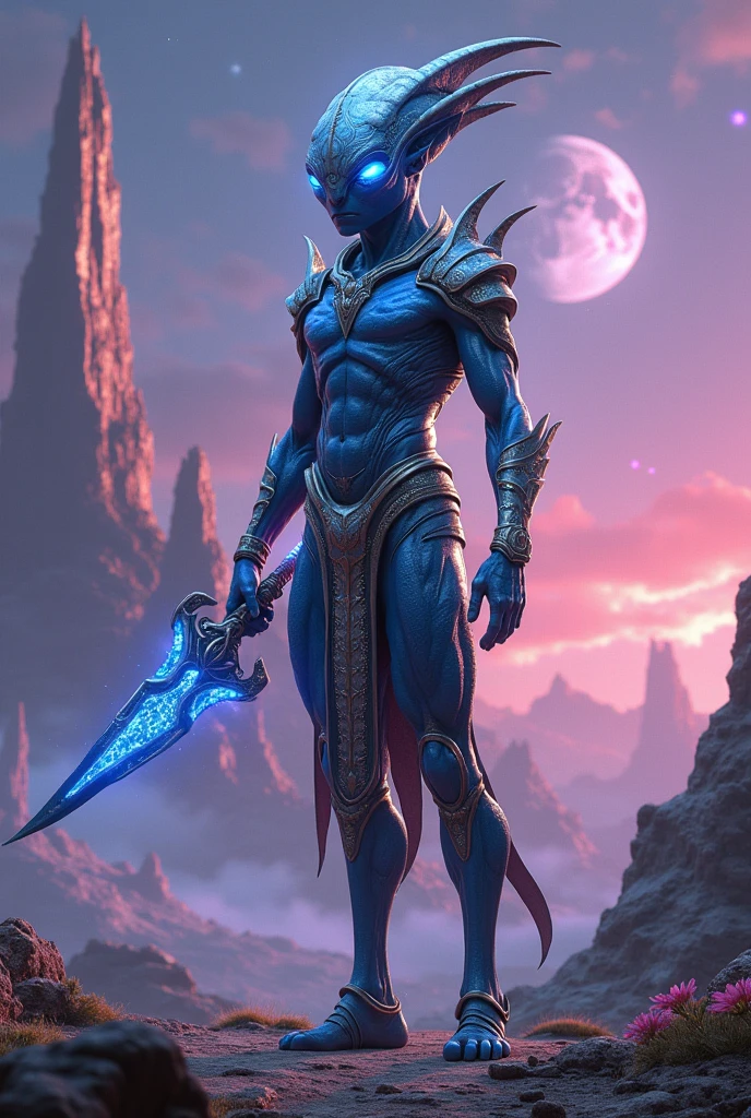 Create an image of an alien warrior from a distant planets y de diferentes razas y de diferentes tipos de piel y de diferentes colores el estilo es muy real en 3d, standing tall and imposing against the backdrop of a foreign, otherworldly landscape. The warrior's physique is powerful and distinctly non-human, with skin that shimmers in shades of deep blue and iridescent silver, covered in natural armor-like scales that offer both protection and a regal appearance. His eyes are large, glowing with an intense, otherworldly light, and his facial features are sharp and angular, hinting at a species bred for battle.
He wears intricately designed armor made of unknown alien metals and materials, with segments that pulse with bioluminescent energy, forming patterns and symbols unique to his culture. In one hand, he holds a massive, double-edged weapon that appears both ancient and technologically advanced, with energy coursing through its blade. His other hand crackles with energy, capable of harnessing advanced alien technology or mysterious powers.
The background reveals a vast, alien landscape with towering, crystalline structures and floating islands suspended in the air. The sky is a deep purple, streaked with vibrant auroras and multiple moons casting a surreal light over the scene. Strange, luminescent flora dot the terrain, adding to the sense of being on a planet far removed from Earth.
The atmosphere is intense and awe-inspiring, showcasing the warrior's readiness for battle, his connection to his alien environment, and the advanced, yet ancient, culture from which he hails. The overall impression is one of strength, mystery, and the formidable nature of a warrior from another world."
