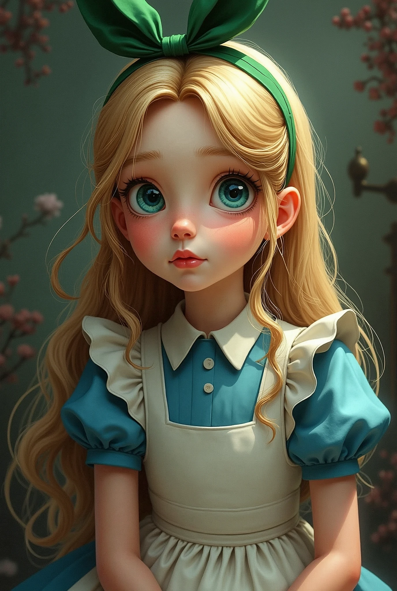 Draw a full-body portrait of Alice and all the characters in Alice in Wonderland to capture a moment of deep contemplation. Her expression should be a mixture of curiosity and a hint of unease, as if she is deeply questioning reality and her place in it. Her large eyes should be wide open, reflecting the surreal world around her. A smiling Cheshire cat, a clock, a playing card guard, inside the kingdom of Wonderland, etc. The lighting should be soft yet dramatic, casting gentle shadows that emphasise the depth of her thoughts. Her hair is slightly dishevelled, as if she has been on a long journey, and the iconic green headband is slightly slanted, adding to the sense that she is pensive. The colour palette is a mix of soft pastels and dark, introspective tones, creating a balance between innocence and the complexity of her thoughts.