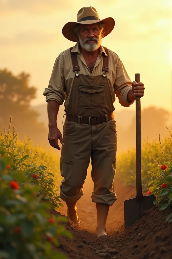 Hard worker farmer in a sunny day working in his field with his shovel and sweating make it a beautiful view