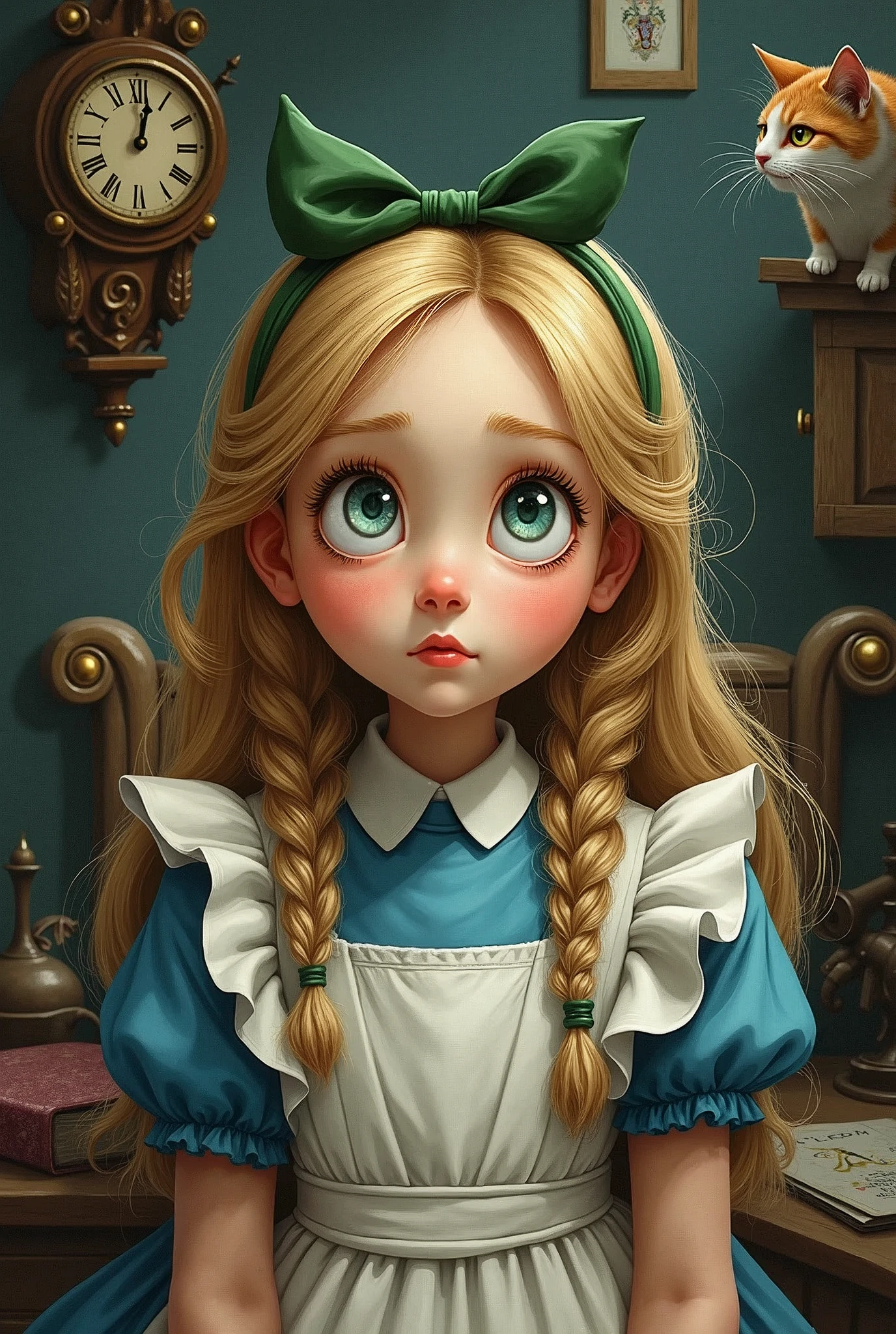 Draw a full-body portrait of Alice and all the characters in Alice in Wonderland to capture a moment of deep contemplation. Her expression should be a mixture of curiosity and a hint of unease, as if she is deeply questioning reality and her place in it. Her large eyes should be wide open, reflecting the surreal world around her. A smiling Cheshire cat, a clock, a playing card guard, inside the kingdom of Wonderland, etc. The lighting should be soft yet dramatic, casting gentle shadows that emphasise the depth of her thoughts. Her hair is slightly dishevelled, as if she has been on a long journey, and the iconic green headband is slightly slanted, adding to the sense that she is pensive. The colour palette is a mix of soft pastels and dark, introspective tones, creating a balance between innocence and the complexity of her thoughts.