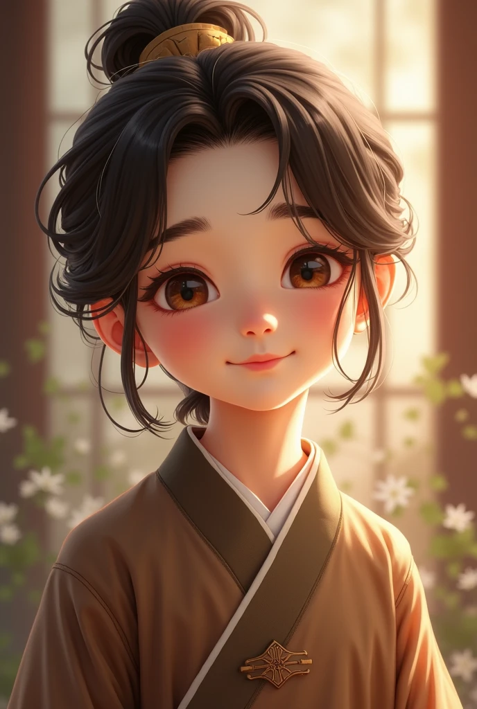 a boy with a soft face, who has a slightly worn brown hanfu, Her very light brown eyes are peach-shaped and she has a warm smile., Her hair is loose and is the same color as her eyes, Her eyebrows are thin and gently curved, she is about 19 years old.