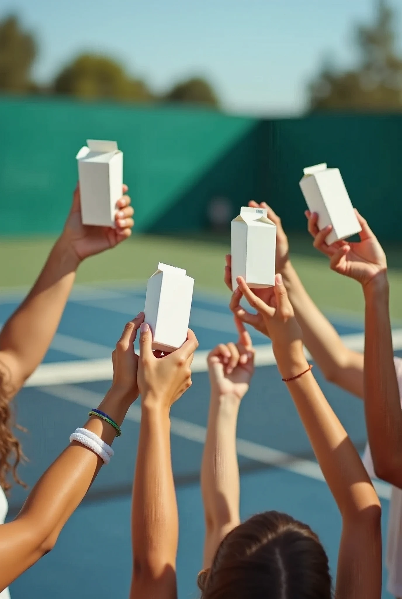 Tennis court background，Several people hold small boxes of milk and raise their glasses，Photography