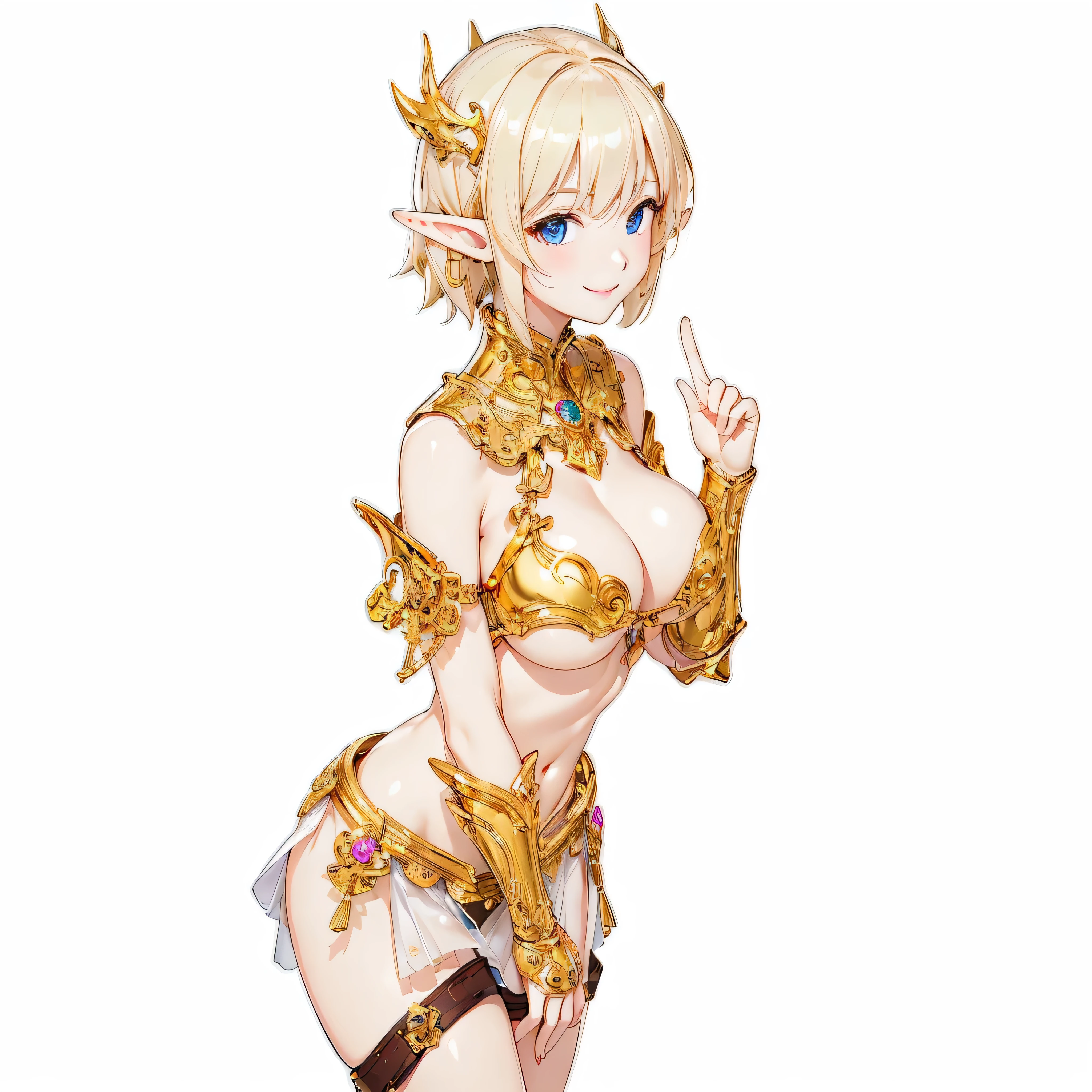 Highest quality、Very detailed、High resolution、16k、Thin contours、耳の長いElf、Nipples are visible、Shining golden armor、Gold bikini armor、Very large breasts、Very large breasts、Very transparent white skirt、chest proportion、Smile of the Goddess、Elfの女の子、Very white skin、Beautiful fingers、Perfect Style、Elf、No bra、Blonde hair and blue eyes、Cool smile