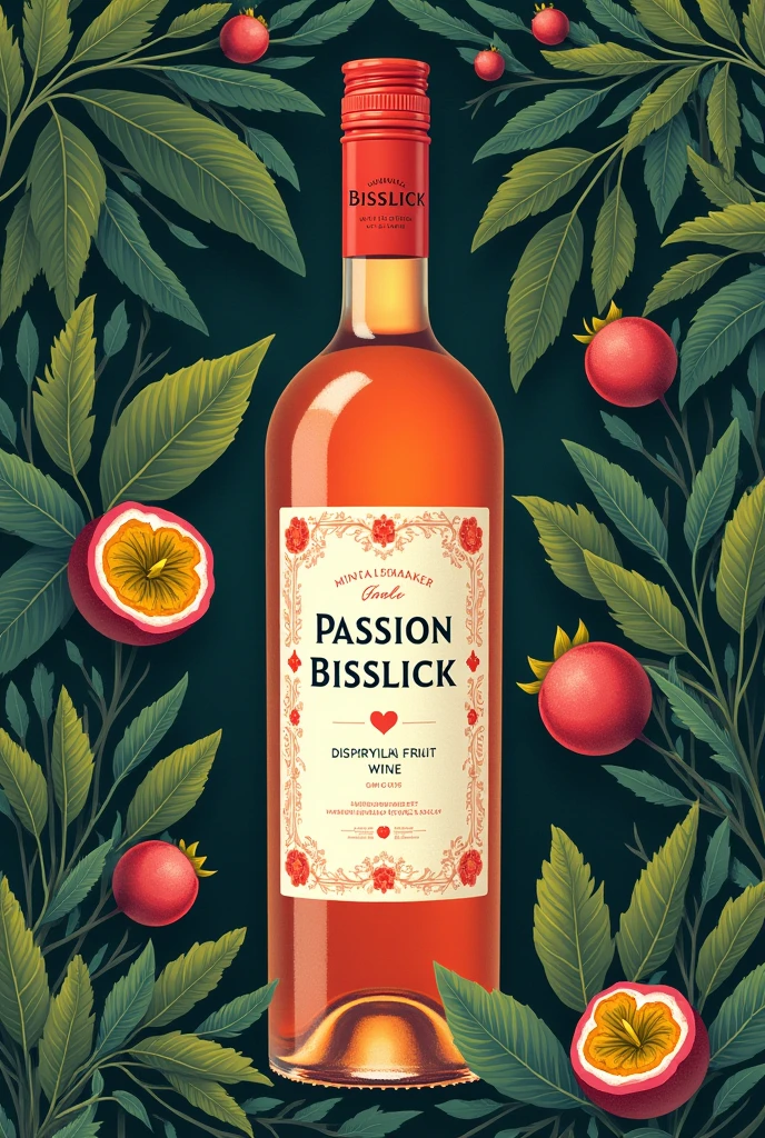 Create a label for a passion fruit wine that says Passion Bisslick by Miranda Bisslick as the title, that looks delicate, sexy and fine and with the chinola fruit in the rainforest 