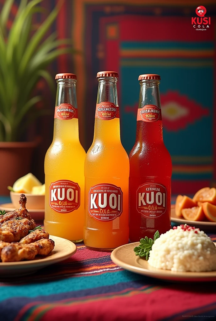 Create three drinks in bottles, each one with its name, one of grilled chicken, ceviche and rice pudding on an Andean blanket on one side of the corner the logo of the name kusi cola