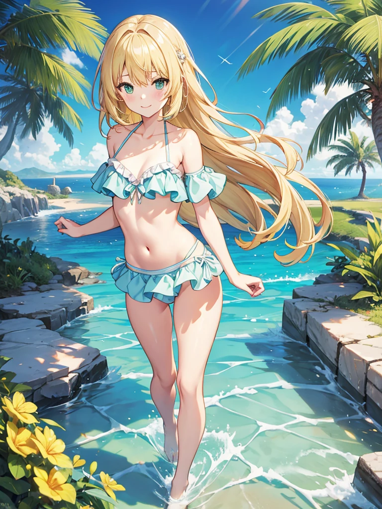 masterpiece, best quality, extremely detailed, anime, 1girl solo girl, longhair, blonde, green eyes, light blue swimsuit, off shoulder lace up swim dress, one-piece swimsuit, frill, halter, navel, slender, small breast, slightly slimmer thighs, beautiful detailed face and eyes, fearless, smile, standing figure, full body, no background