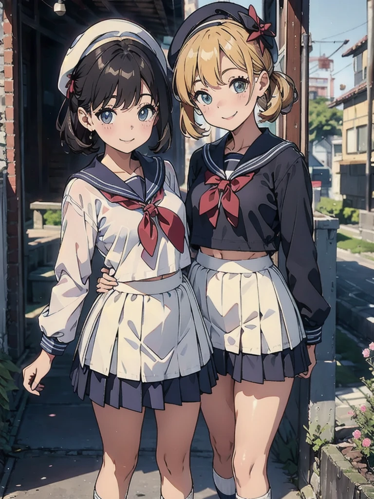 pretty girl、daily、Group photo、Smiling face、Sailor suit、mini skirt、beret