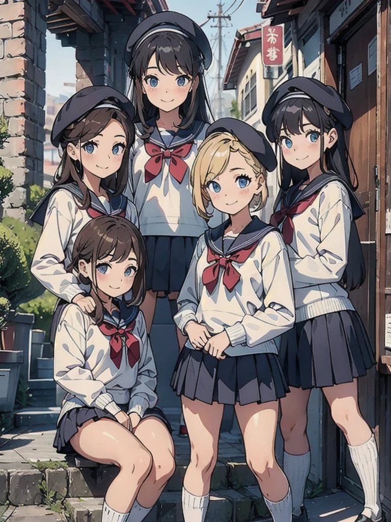 pretty girl、daily、Group photo、Smiling face、Sailor suit、mini skirt、beret