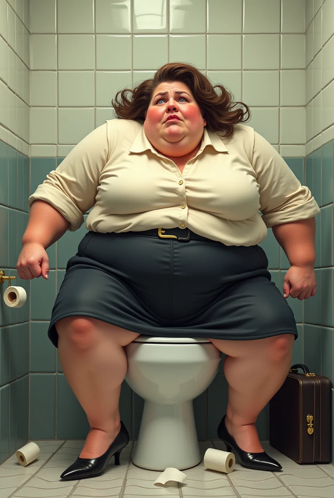 Fat woman in office clothes stuck inside a toilet