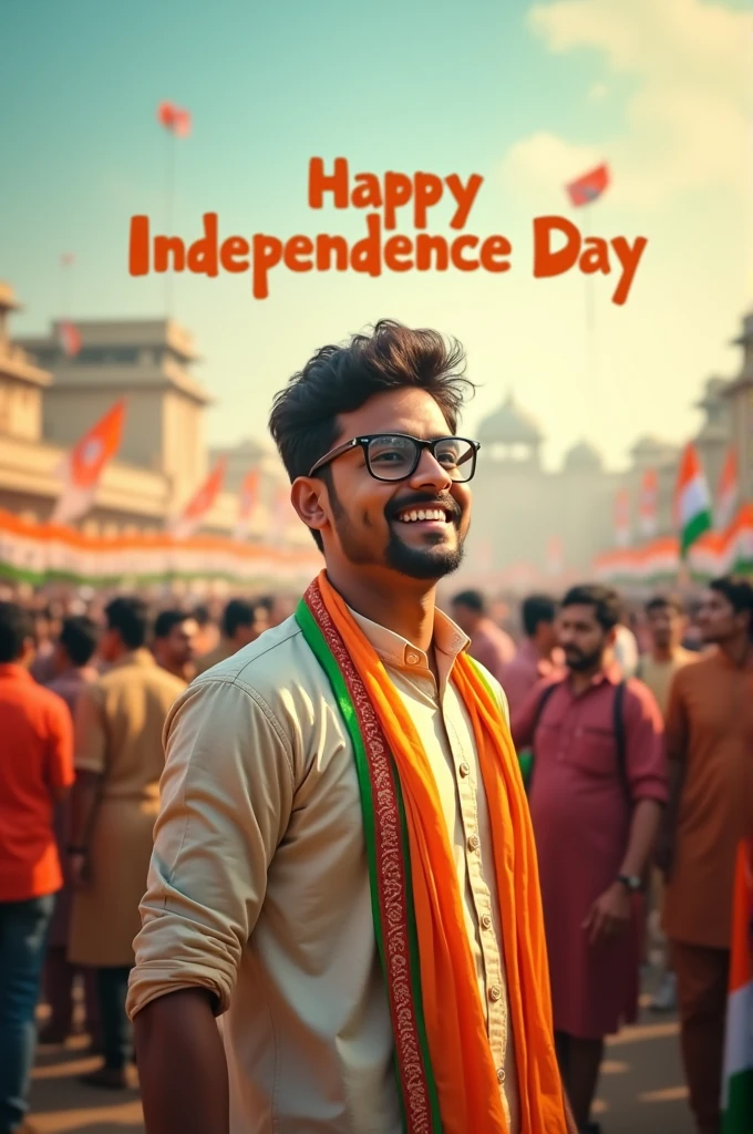 "Generate a real-life image of a 25-year-old (girl/boy) joyfully celebrating Indian Independence Day. The individual is dressed in traditional Indian attire with the name 'RAVI TEJA' prominently displayed on their clothing. The sky above them features the words 'Happy Independence Day' in a bold font. The background is alive with a crowd of people celebrating, creating a vibrant and patriotic atmosphere."