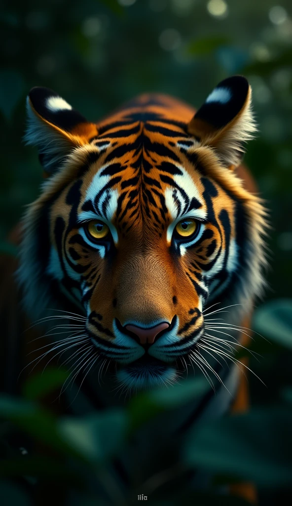 The eyes of a tiger, piercing through the jungle foliage, modern day, surrounded by darkness with a glimmer of light, its stripes visible on its face, extreme close-up shot, hyper-realistic, photo realism, cinematography --ar 9:16.