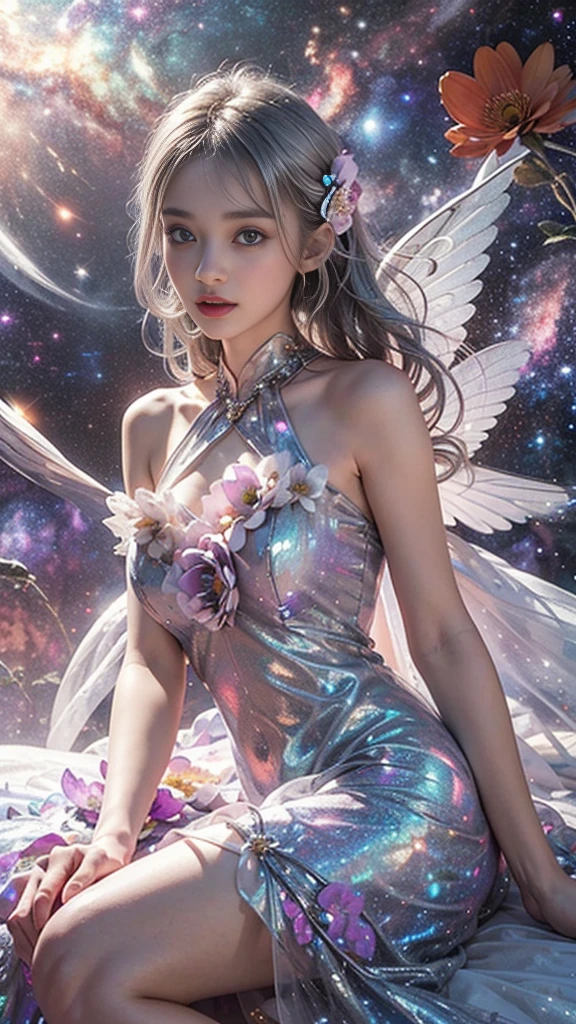 4k ultra hd, masterpiece, a girl, good face, detailed eyes, detailed lips, flower fairy girl, big wings, transparent wings, neon lights, (galaxy background:1.5), (flower dress:1.8), (silver dress:1.5), in the heaven, sitting,