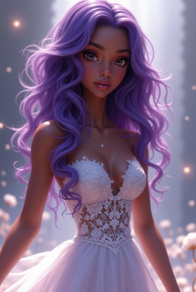 Dark-skinned girl, purple hair, Brown eyes, little chest, Wedding dress