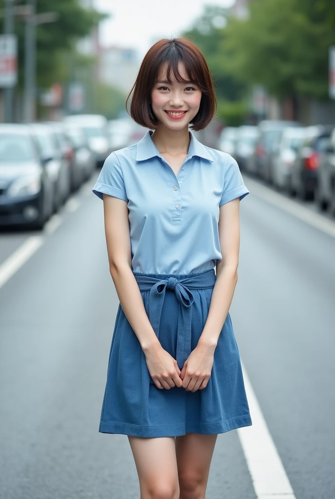 A beautiful and clear-skinned woman、short hair、bright、Dress neat and clean、front、Japanese、office Street、Flooded roads、Blue Skirt、Half knit、smile、squat