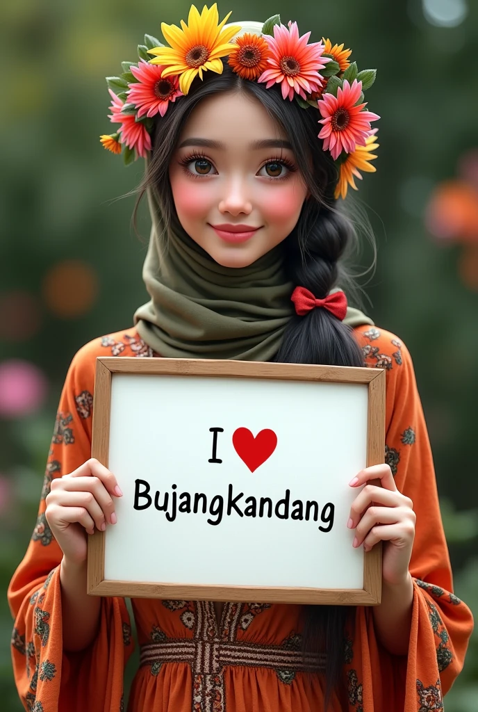 Beautiful girl with colorful flower hijab, bohemian dress, holding a white board with text "I Love Bujangkandang" and showing it to the viewer