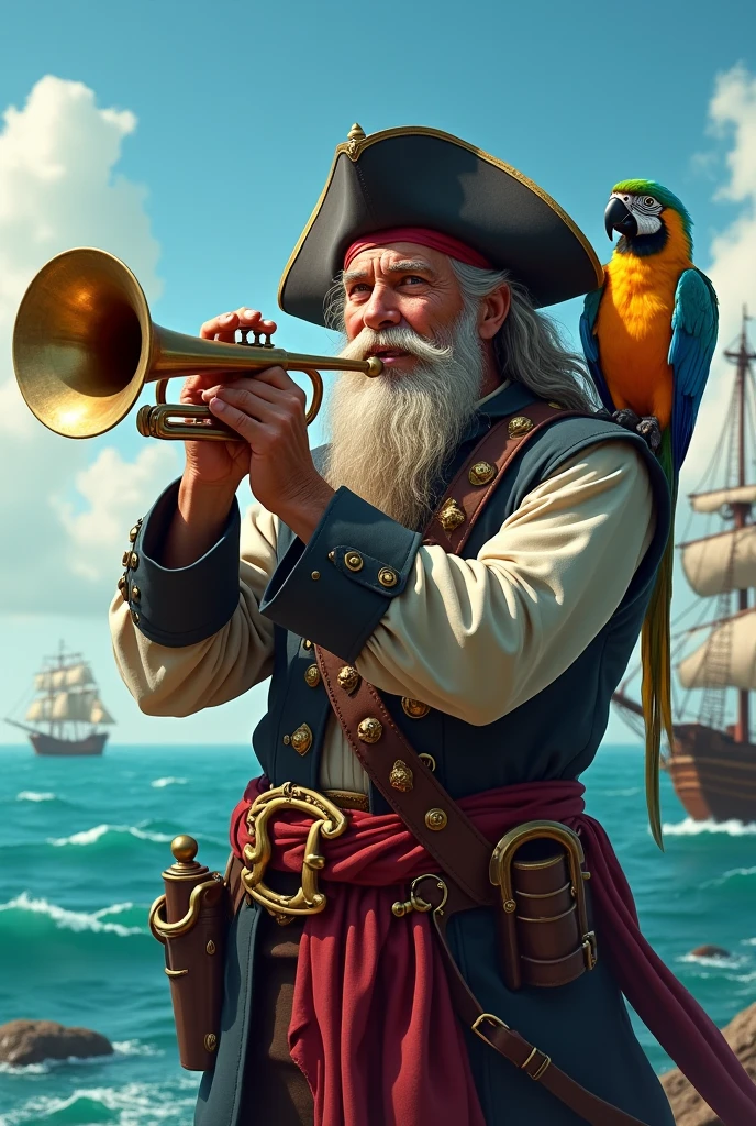 Pirate trumpeter with beard and parrot