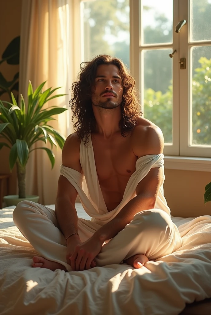 (photorealism:1.2), beautiful man, sitting on bed, wearing loose off-shoulder top, pajama pants, long curly hair, indoors, soft lighting, plants in background, window with sunlight, cozy room, relaxed pose, realistic, intricate details, warm colors, by Greg Rutkowski, by Alphonse Mucha