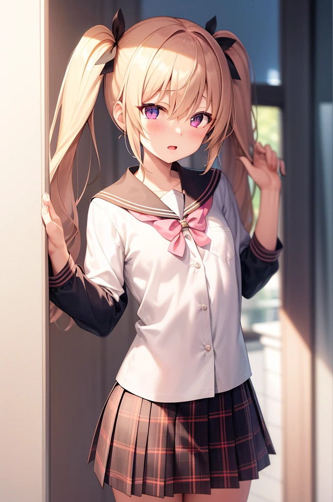 hair between eyes, twintails, sailor collar,
highly_detailed, extremely_detailed_CG_unity_8k_wallpaper, highres, absurdres, beautiful_detailed_eyes, finely_detailed_clothing, finely_detailed_light, highly_detail_hair_, Beautiful eyes,
colorful, light rays, caustics, aistics, lens flare, bokeh, nsfw, flat-chested, pink eyes, White silk stockings, JK Uniform Plaid Skirt, school uniform, Light pink mini skirt, blush,
score_anime, score_9, score_8_up, masterpiece, beautiful scenery, lovely,