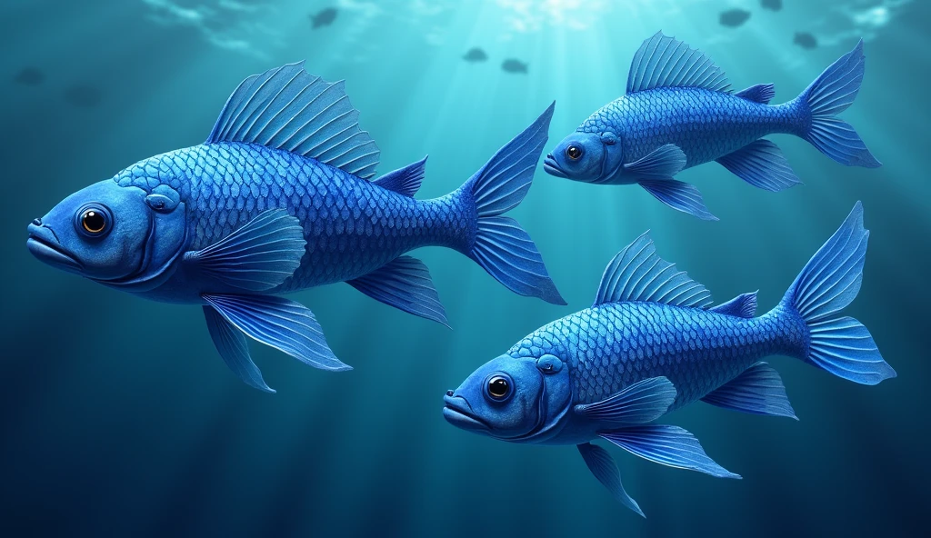 Three beautiful blue fish with beautiful scales swimming in the ocean,Fantasy, Complex, elegant, Very detailed, Concept Art, High Contrast, Sharp focus, oil, 4k yen