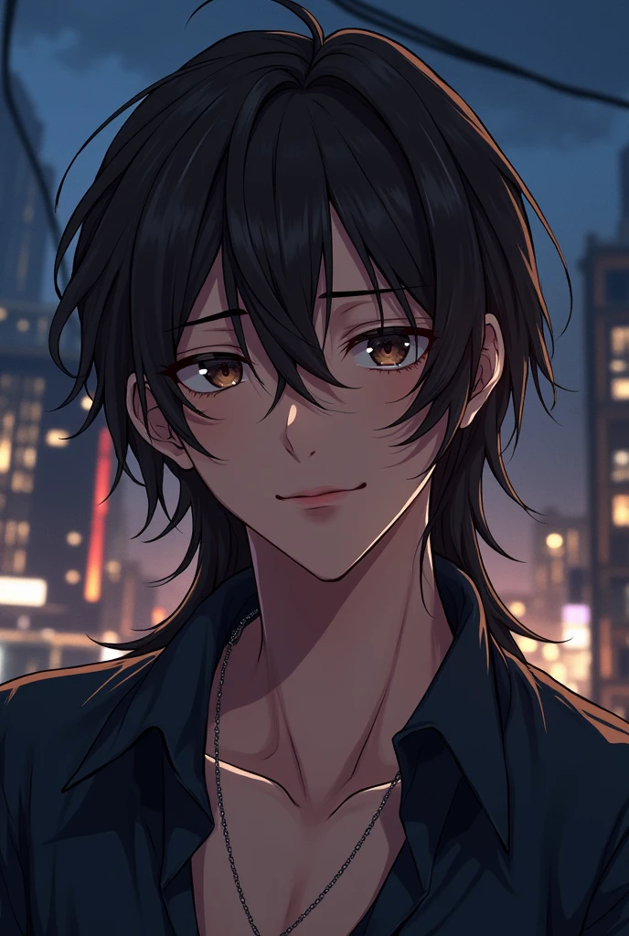 Man in his 30s、Sexy adult man、An ennui atmosphere、Long Bangs、Teardrop、Brown eyes、Brown Hair、Droopy eyes、A frivolous smile、A little long hair、Semi-realistic illustrations with an anime feel、The background is a night city