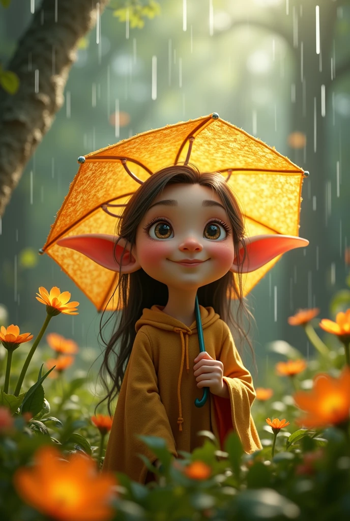 A tender little elf enjoying the rain with his friends, (best quality,4k,8k,highres,masterpiece:1.2),ultra-detailed,(realistic,photorealistic,photo-realistic:1.37),fantasy,fairy tale,whimsical,adorable elf,detailed face,big eyes,cute smile,rain,umbrella,forest,lush greenery,magical atmosphere,vibrant colors,warm lighting