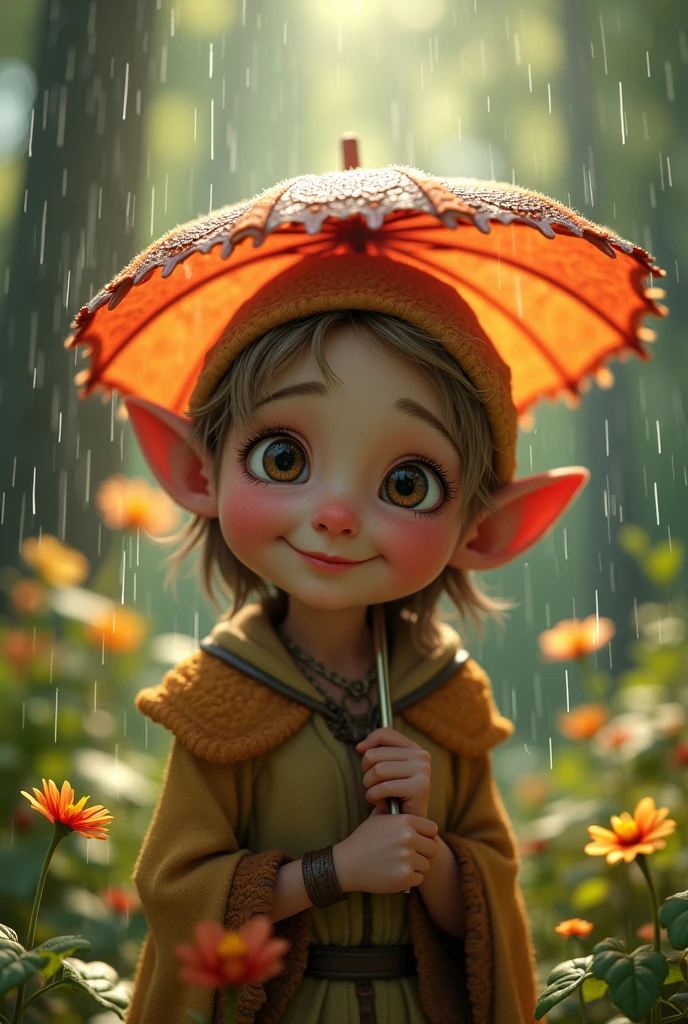 A tender little elf enjoying the rain with his friends, (best quality,4k,8k,highres,masterpiece:1.2),ultra-detailed,(realistic,photorealistic,photo-realistic:1.37),fantasy,fairy tale,whimsical,adorable elf,detailed face,big eyes,cute smile,rain,umbrella,forest,lush greenery,magical atmosphere,vibrant colors,warm lighting