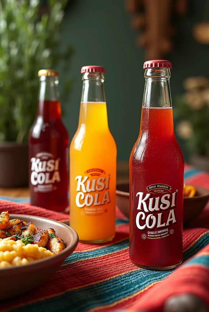 Create three drinks in bottles with your name one of grilled chicken, ceviche and rice pudding on an Andean blanket on one side of the corner the logo of the name kusi cola 