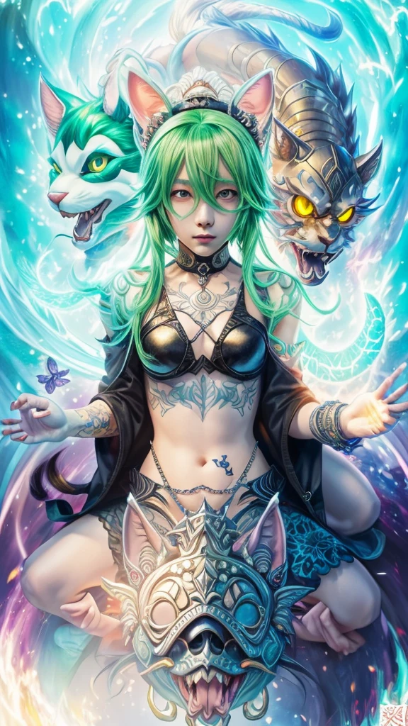 A painting of a man with green hair and a black jacket, A delicate androgynous prince, Beautiful androgynous prince, Awesome Dream Demon, Handsome men from Demon Slayer, Demon Slayer Louis Fan Art, Handsome Japanese Devil Boy, Inspired by Bian Shoumin, Official Fan Art, Inspired by Yanjun Chen, 2D Anime Style, Male Anime Style, Very detailed fan art
