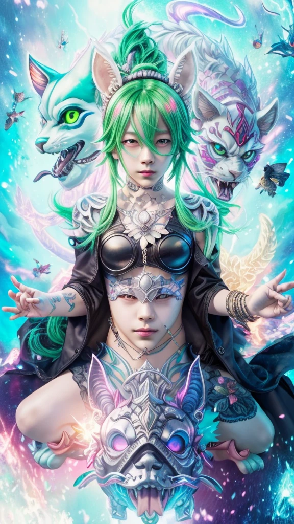 A painting of a man with green hair and a black jacket, A delicate androgynous prince, Beautiful androgynous prince, Awesome Dream Demon, Handsome men from Demon Slayer, Demon Slayer Louis Fan Art, Handsome Japanese Devil Boy, Inspired by Bian Shoumin, Official Fan Art, Inspired by Yanjun Chen, 2D Anime Style, Male Anime Style, Very detailed fan art
