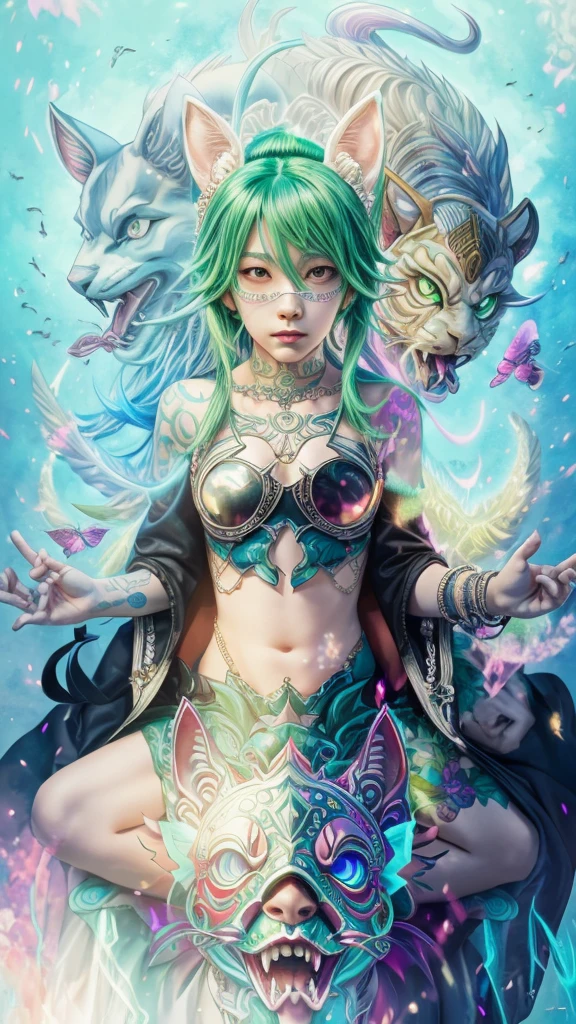 A painting of a man with green hair and a black jacket, A delicate androgynous prince, Beautiful androgynous prince, Awesome Dream Demon, Handsome men from Demon Slayer, Demon Slayer Louis Fan Art, Handsome Japanese Devil Boy, Inspired by Bian Shoumin, Official Fan Art, Inspired by Yanjun Chen, 2D Anime Style, Male Anime Style, Very detailed fan art