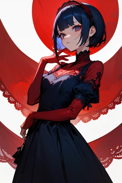 Red and navy lace dress、cute、Villainess、head band、wonderful、short hair、Calm feeling、