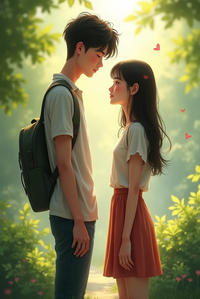 A Vietnam student couple stand facing each other, the boy is a head taller than the girl, 