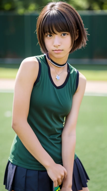 Japanese female high schools a field hockey player wearing a tank top、Boyish ultra-short hair、Dark brown hair color、I'm extremely sunburned、Sexy tank top with exposed belly and navel、masterpiece、High resolution、high quality、realism、Natural skin texture、Messy hairstyle