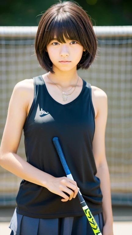 Japanese female junior high school student who is a field hockey player wearing a tank top、Boyish ultra-short hair、Dark brown hair color、I'm extremely sunburned、Sexy tank top with exposed belly and navel、masterpiece、High resolution、high quality、realism、Natural skin texture、Messy hairstyle