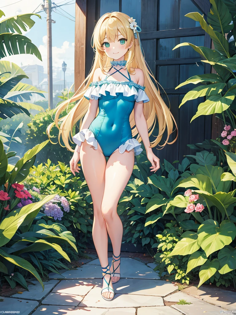 masterpiece, best quality, extremely detailed, anime, 1girl solo girl, longhair, blonde, green eyes, light blue swimsuit, off shoulder lace up swim dress, one-piece swimsuit, frill, halter, navel, slender, small breast, slightly slimmer thighs, beautiful detailed face and eyes, fearless, smile, standing figure, full body, no background