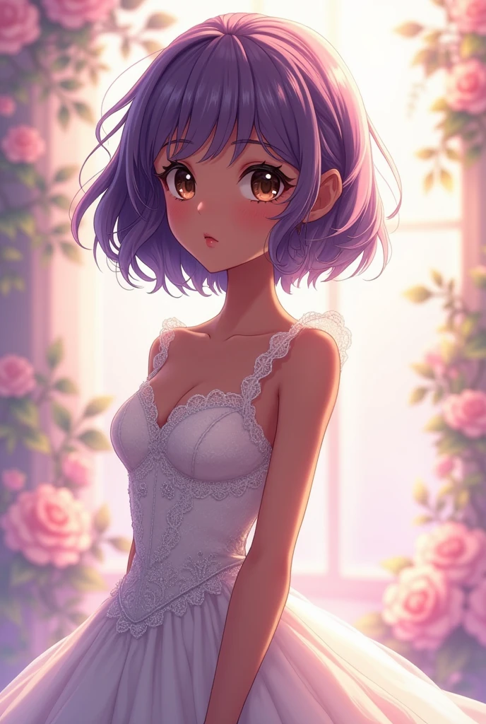 Dark-skinned girl, short shoulder length purple hair, Brown eyes, little chest, Wedding dress, Otome