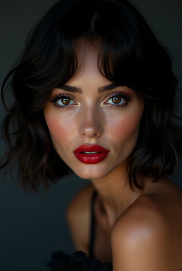 (((close up of face))), Ultra-realistic movie master pie with ultra-detailed primetime portraits, 最high quality, 8K, table top, Ultra HD), 1girl:1.4 25 years old、fashion supermodel、masterpiece, 最high quality, high quality, High resolution, (Glamour, paparazzi taking pictures of her), (light dark short hair, extremely detailed), high contrast, (dark shot:1.07), Long 2blue_eyelashes:1.38, (dark_eyeshadows:1.23), (Glossy) red_lipstick:1.38, (perfect round eyes), ((brown_eyes:1.3)), (pink_makeup:1.28), (tanned brown skin:1.32), (slim face), (parted lips)