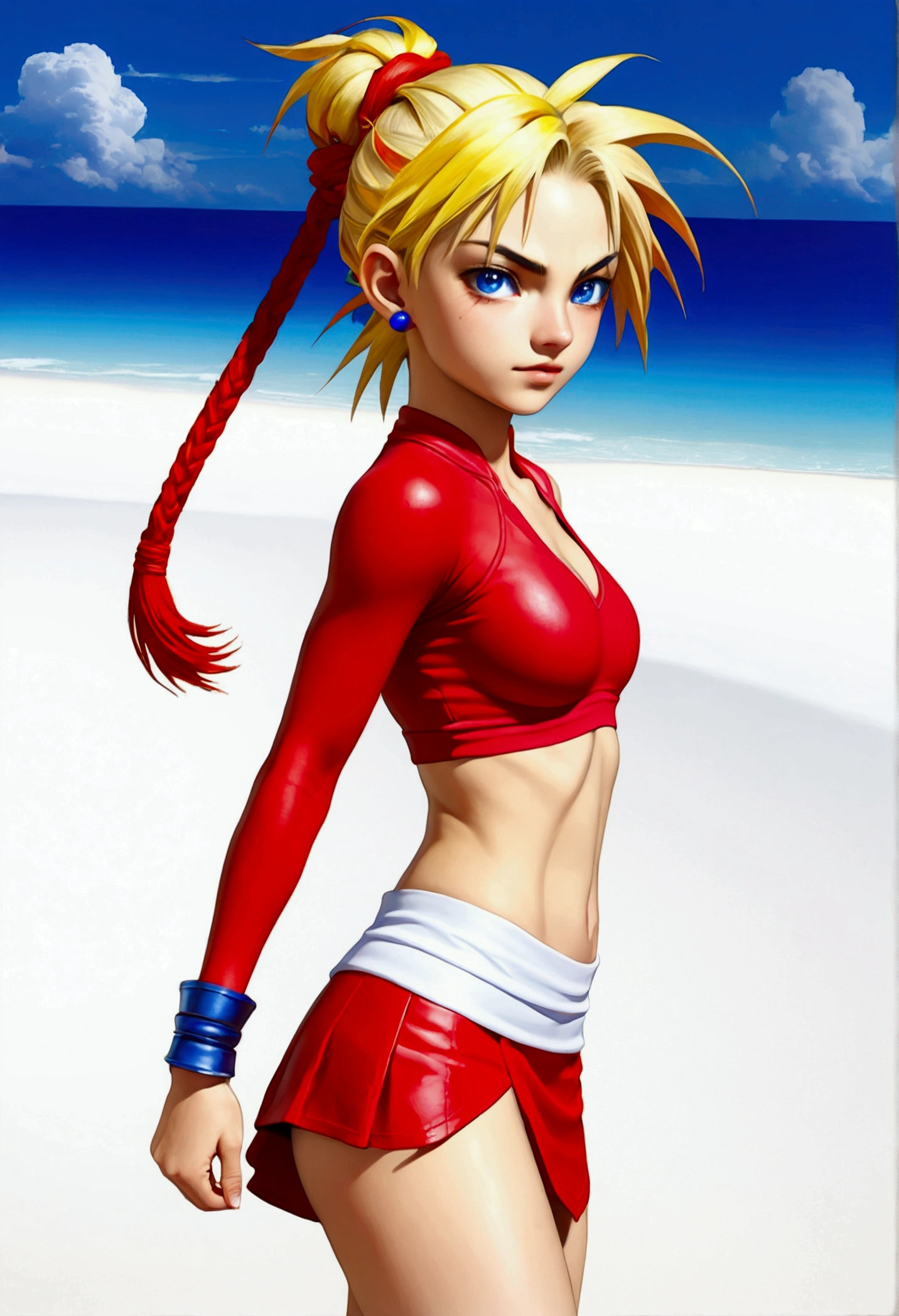 (promotional art), (Whole body view), (Kid from Chrono Cross:1.4), yellow hair in high ponytail braid segmented by red beads, sapphire blue eyes, very slender toned frame, medium bust, pale white skin, (pair of white claw marks on both inner thighs), fierce expression, BREAK: (tight red wrap around skirt with high front slit), high cropped red jacket with short sleeves, skin tight white sports bra under jacket, (tight white sports bra:1.25), loose leather ankle boots BREAK: 1/4 walking pose, on a white sand beach, ocean spray shooting up behind her