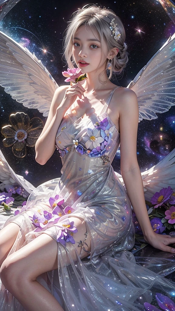 4k ultra hd, masterpiece, a girl, good face, detailed eyes, detailed lips, flower fairy girl, big wings, transparent wings, neon lights, (galaxy background:1.5), (flower dress:1.8), (silver dress:1.5), in the heaven, sitting,