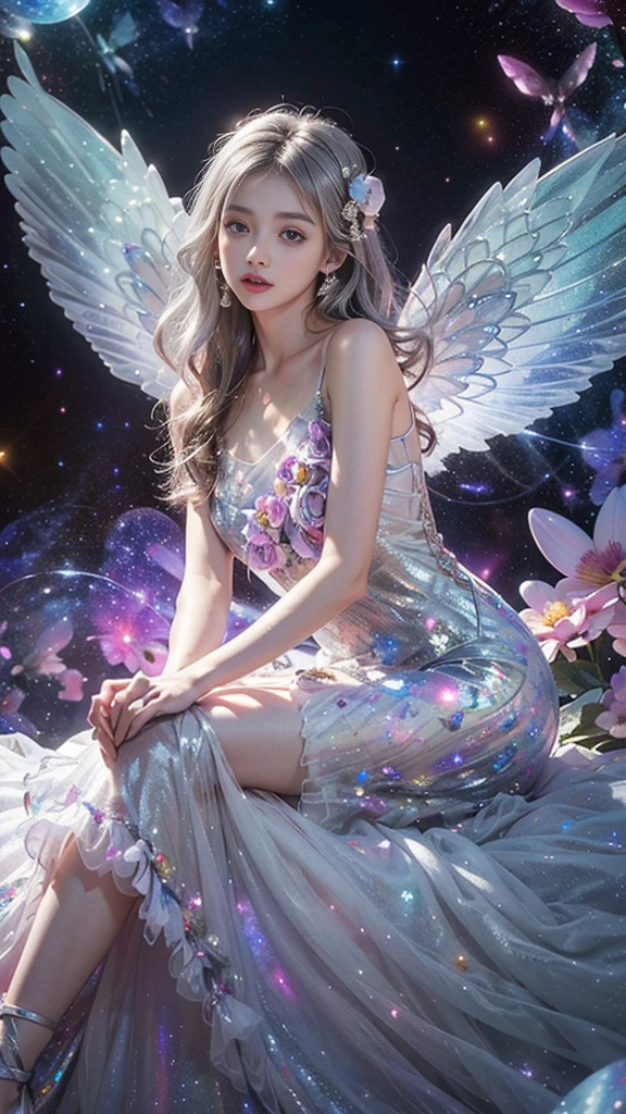 4k ultra hd, masterpiece, a girl, good face, detailed eyes, detailed lips, flower fairy girl, big wings, transparent wings, neon lights, (galaxy background:1.5), (flower dress:1.8), (silver dress:1.5), in the heaven, sitting,