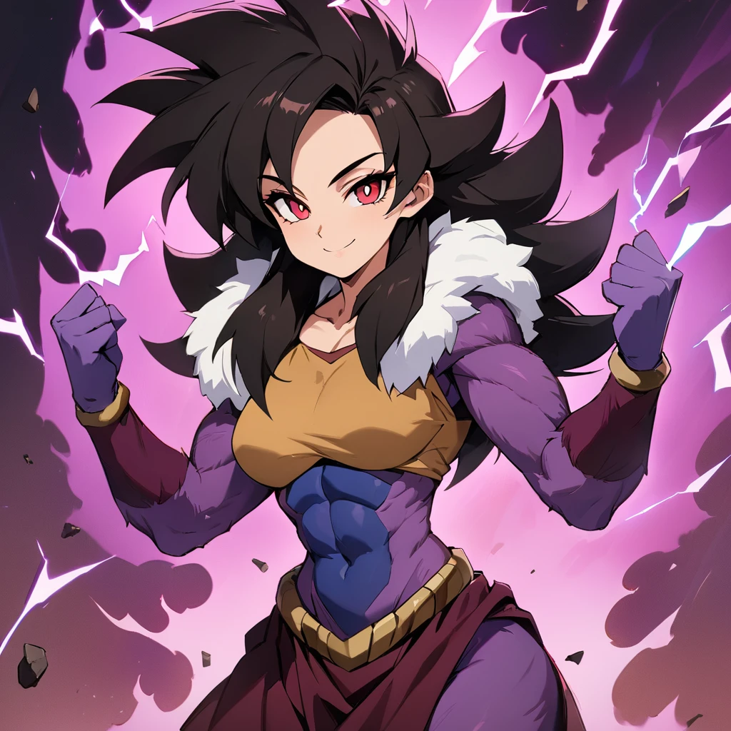 ((masterpiece,Best Quality)), (High resolution:1.1), detailed face, detailed red eyes,   arched ray, electricity, Aura, super_Saiyan_4, Girl,Dark colored Greek clothing , long black hair, body fur, purple fur, Alone, smile, presumed, tight_fist, looking at the viewer, cowboy shot,bright, Aura, energy, Haz, flying debris, by the floating, fluffy hair,