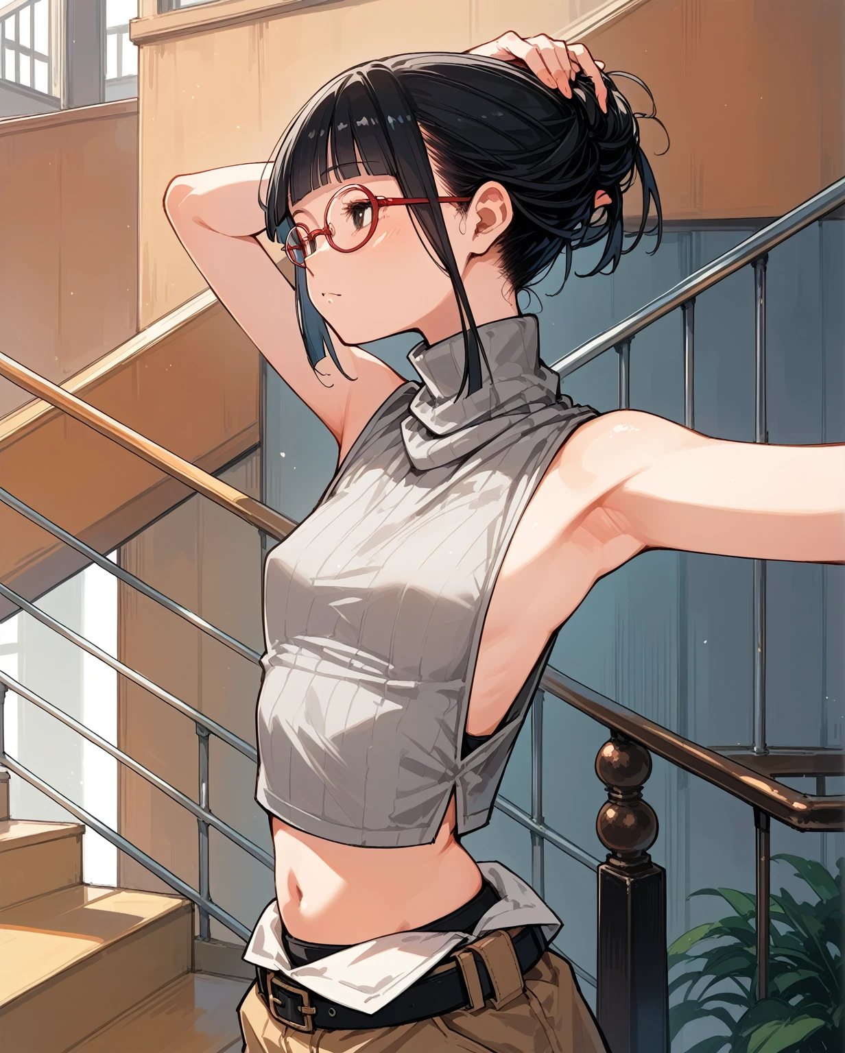 Not wearing an inner layer、胸元が開いたデザインのSleeveless turtleneck,Exposed chest、Exposed flanks,sexy,Flat Chest,Focus on your audience,Very thin body,Anime Style,Slim figure,delicate,Glasses,Asian woman wearing grey top and black pants posing on stairs, Sleeveless turtleneck_With dowel, 脇が大きく開いているSleeveless turtleneck_Relaxed back design,rib cage,Side bust,Shoulders are wide open,sexyなWearing a crop top, Photo of slim girl model, Chiho, T-Top, shikamimi, Wearing a crop top, Real life anime girls, Kurohime cut hair, Chassis, 2 4-year-old female model